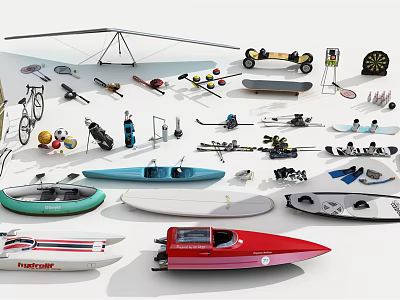 Diverse Sports Equipment Collection With Gliders Skateboards Bikes Kayaks Surfboards And Boats 3d model