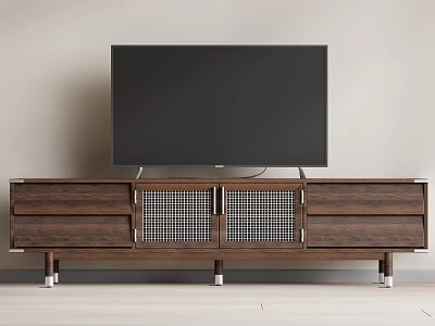 Modern Wooden TV Stand With Drawers Grid Doors And Metal Legs Holding TV 3d model