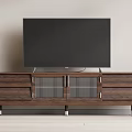 Modern Wooden TV Stand With Drawers Grid Doors And Metal Legs Holding TV