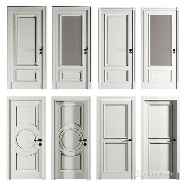 White Interior Hinged Doors With Various Panel Designs And Glass Inserts 3d model