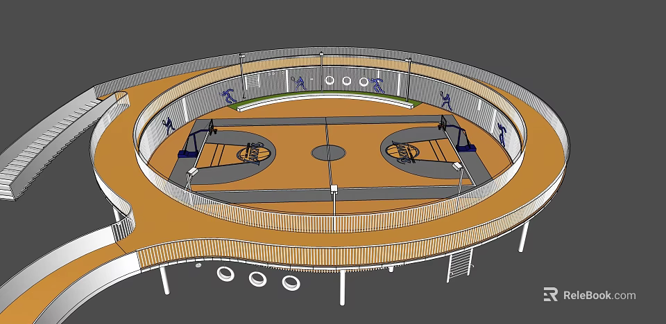 Modern Basketball Court Design With Circular Track Bleachers Hoops And Lighting 3d model 