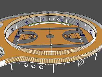 Modern Basketball Court Design With Circular Track Bleachers Hoops And Lighting 3d model