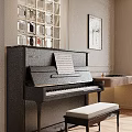 Elegant Piano Room Featuring Black Piano Music Sheet White Bench Decorative Mirror Wall and Artwork