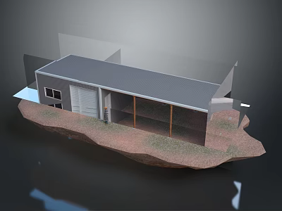 Cartoon Scene Small House With Gray Roof White Garage Door Glass Windows And Brown Ground 3d model