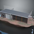 Cartoon Scene Small House With Gray Roof White Garage Door Glass Windows And Brown Ground
