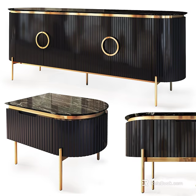 Sleek Black Ribbed Furniture With Gold Accents Including Round Coffee Table And Cabinet 3d model 