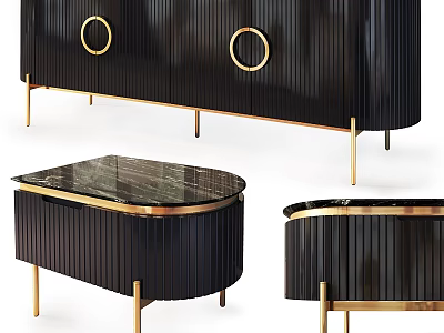 Sleek Black Ribbed Furniture With Gold Accents Including Round Coffee Table And Cabinet 3d model