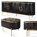 Sleek Black Ribbed Furniture With Gold Accents Including Round Coffee Table And Cabinet
