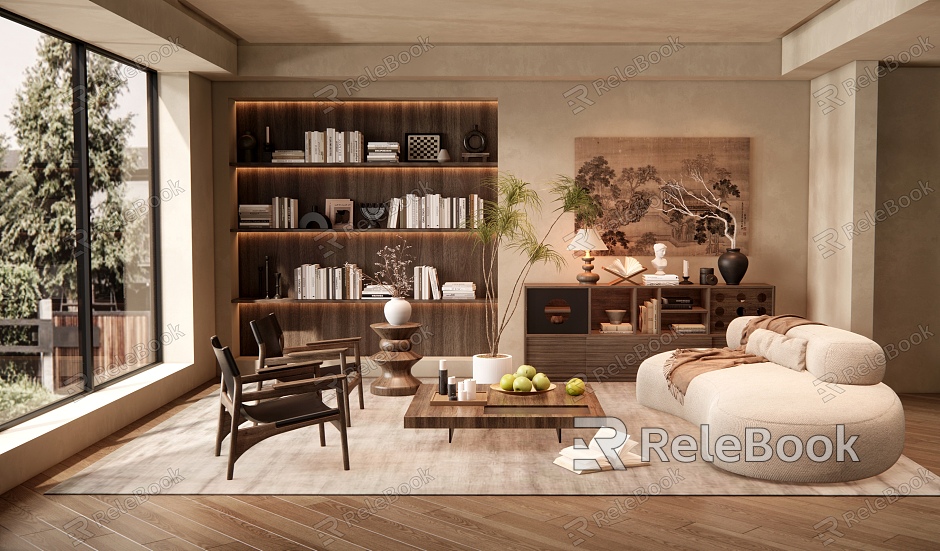 Quiet Living Room Sofa Tea Table Combination Entrance Cabinet Bookcase Side Cabinet Leisure Chair Coffee Table Decoration Green Plant Potted Plant model