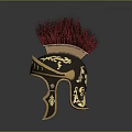 Ancient Ornamental Helmet with Red Plume Golden Decorations and Blue Accents
