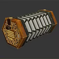 Vintage Hexagonal Accordion Musical Instrument Featuring Orange Black Carved Patterns And Sound Holes