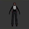 Woman with Red Braids Wearing Silver Top Black Long Sleeves Dark Pants Brown Shoes