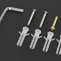 Essential Hardware Tools Including Hex Key Wrench Silver Gold Screws And White Plastic Anchors
