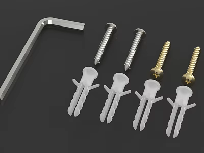 Essential Hardware Tools Including Hex Key Wrench Silver Gold Screws And White Plastic Anchors 3d model