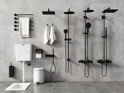 Modern Black Shower Heads With Towel Racks Toilet Sink And Bathroom Accessories 3d model
