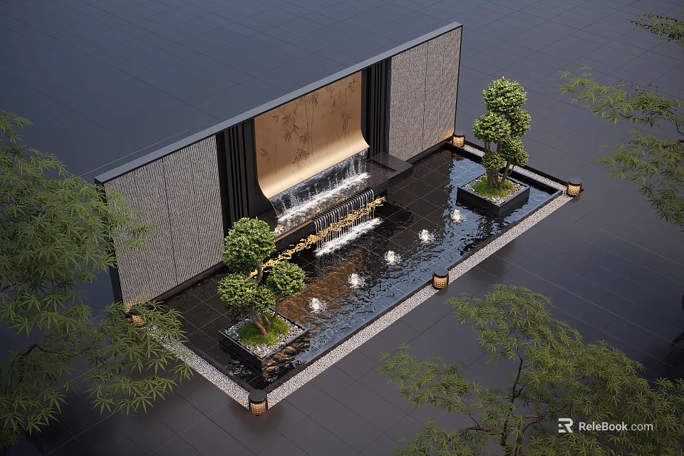 Modern Water Fountain Design With Gray Wall Black Floor And Small Trees Lighting 3d model 