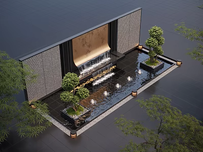 Modern Water Fountain Design With Gray Wall Black Floor And Small Trees Lighting 3d model