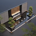 Modern Water Fountain Design With Gray Wall Black Floor And Small Trees Lighting