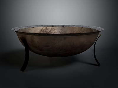 Vintage Metal Bowl With Textured Surface And Black Stand Legs On Dark Background 3d model