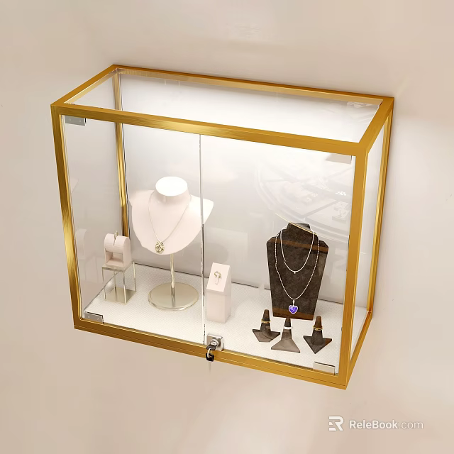 Glass Display Cabinet With Gold Frame Showcasing Jewelry On Display Stands And Mannequins 3d model 