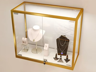 Glass Display Cabinet With Gold Frame Showcasing Jewelry On Display Stands And Mannequins 3d model
