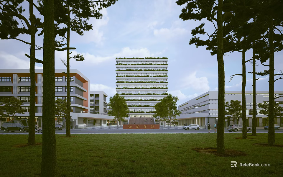 Modern Tall School Building With Green Roof Surrounded By Trees And Grass Field 3d model 
