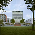 Modern Tall School Building With Green Roof Surrounded By Trees And Grass Field