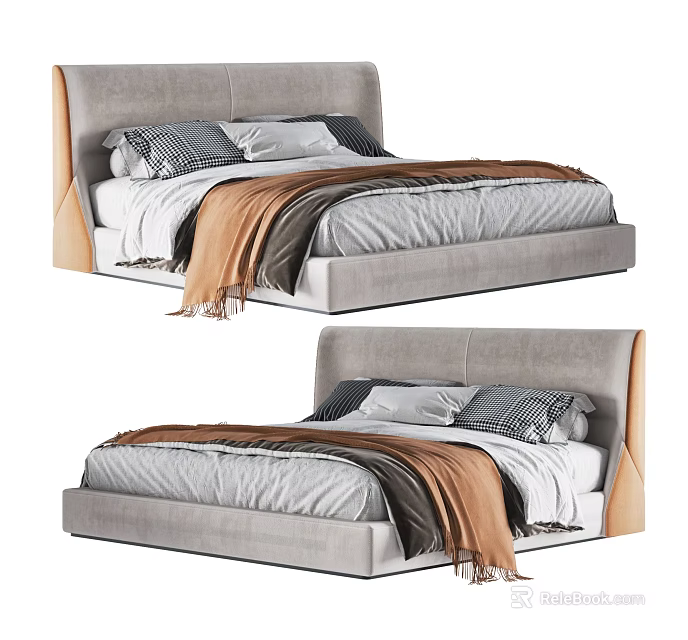 Modern Double Bed Design With Upholstered Headboard Gray Bedding And Brown Throw 3d model