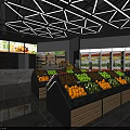 Modern Supermarket Grocery Store with Fresh Fruit Displays Shelves and Refrigerated Cases