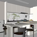 Modern Kitchen Interior Featuring Island Counter Cabinets Dining Chairs And Plants
