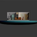 Cartoon Style Room Scene with Furniture Refrigerator Sofa Chairs Bookshelf Table Wall Decor and Window