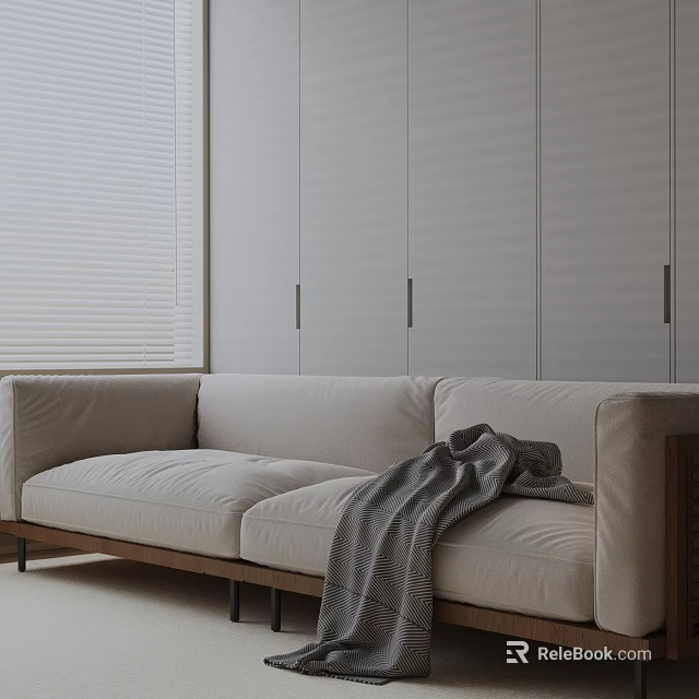 Minimalist Beige Three Seater Sofa With Gray Throw Blanket And Cabinets Blinds 3d model 