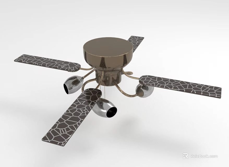 Home Furniture Ceiling Fan With Four Blades Cracked Texture Metallic Base And Three Light Bulbs 3d model 