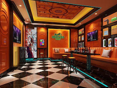 KTV Interior Design With Orange Sofas Black And White Checkered Floor And TV Screens 3d model