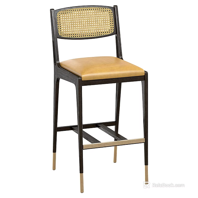 Modern Bar Stool With Woven Backrest Tan Seat Dark Frame And Golden Leg Accents 3d model 
