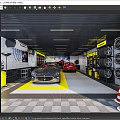 4S Auto Shop Interior Featuring Cars In Yellow Marked Area And Tire Racks