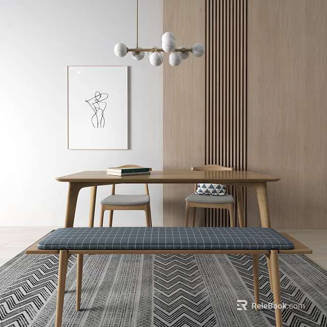 Modern Dining Table Set With Wooden Chairs Bench Artwork And Pendant Light 3d model