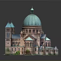 Cartoon Cathedral Scene With Green Dome Spires Stone Windows And Reflection 3d model
