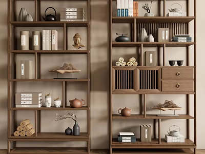 Chinese Style Wooden Display Shelf With Multiple Layers Tea Pots Books And Decorative Ornaments 3d model