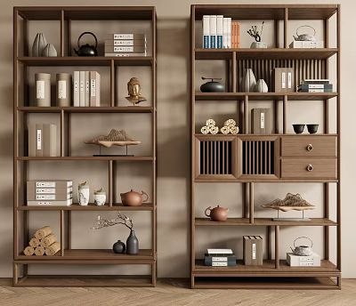 Chinese Style Wooden Display Shelf With Multiple Layers Tea Pots Books And Decorative Ornaments 3d model