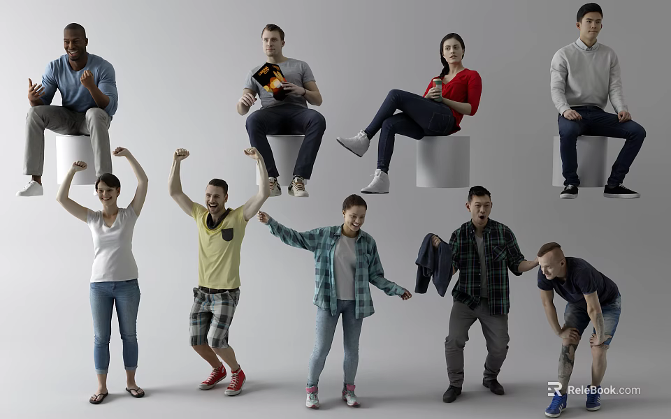 Group of Diverse People in Various Active Poses Standing and Sitting Together 3d model 
