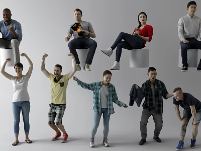 Group of Diverse People in Various Active Poses Standing and Sitting Together 3d model