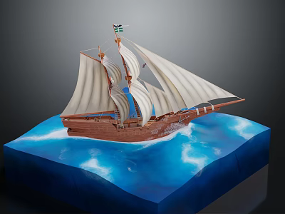 Detailed Vintage Sailing Ship Model With Brown Hull And White Sails On Blue Water Surface 3d model
