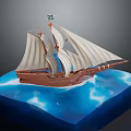 Detailed Vintage Sailing Ship Model With Brown Hull And White Sails On Blue Water Surface