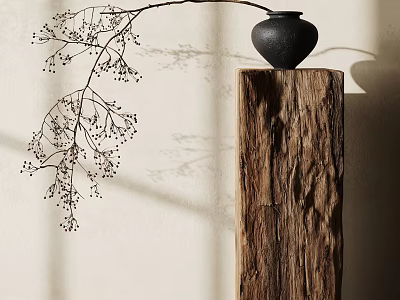 Black Vase With Twigs And Small Berries On Wooden Pillar Against Light Wall With Shadows 3d model