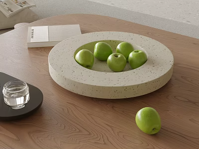 Green Apples Displayed On Light Colored Plate Over Wooden Table 3d model