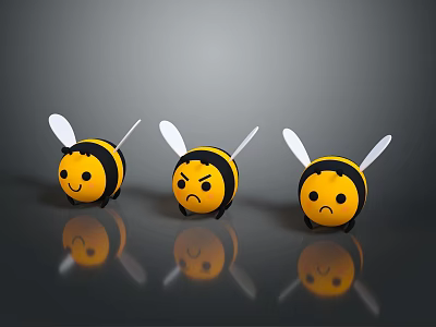 Cartoon Bees With Different Expressions Smiling Angry And Sad Faces Yellow Black Bodies White Wings 3d model