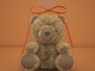 Brown Teddy Bear Doll in Transparent Packaging with Red Bow Decoration 3d model
