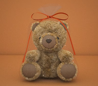 Brown Teddy Bear Doll in Transparent Packaging with Red Bow Decoration 3d model
