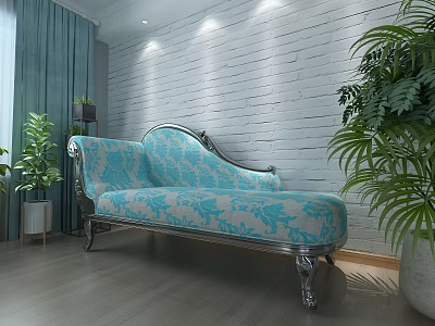 Light Blue Floral Sofa With Silver Frame White Brick Wall Green Plants And Wooden Floor 3d model
